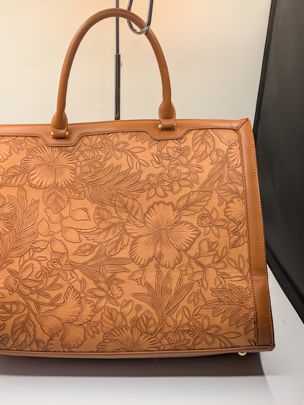 Faux Leather Floral-Embossed Tote Bag in Tan